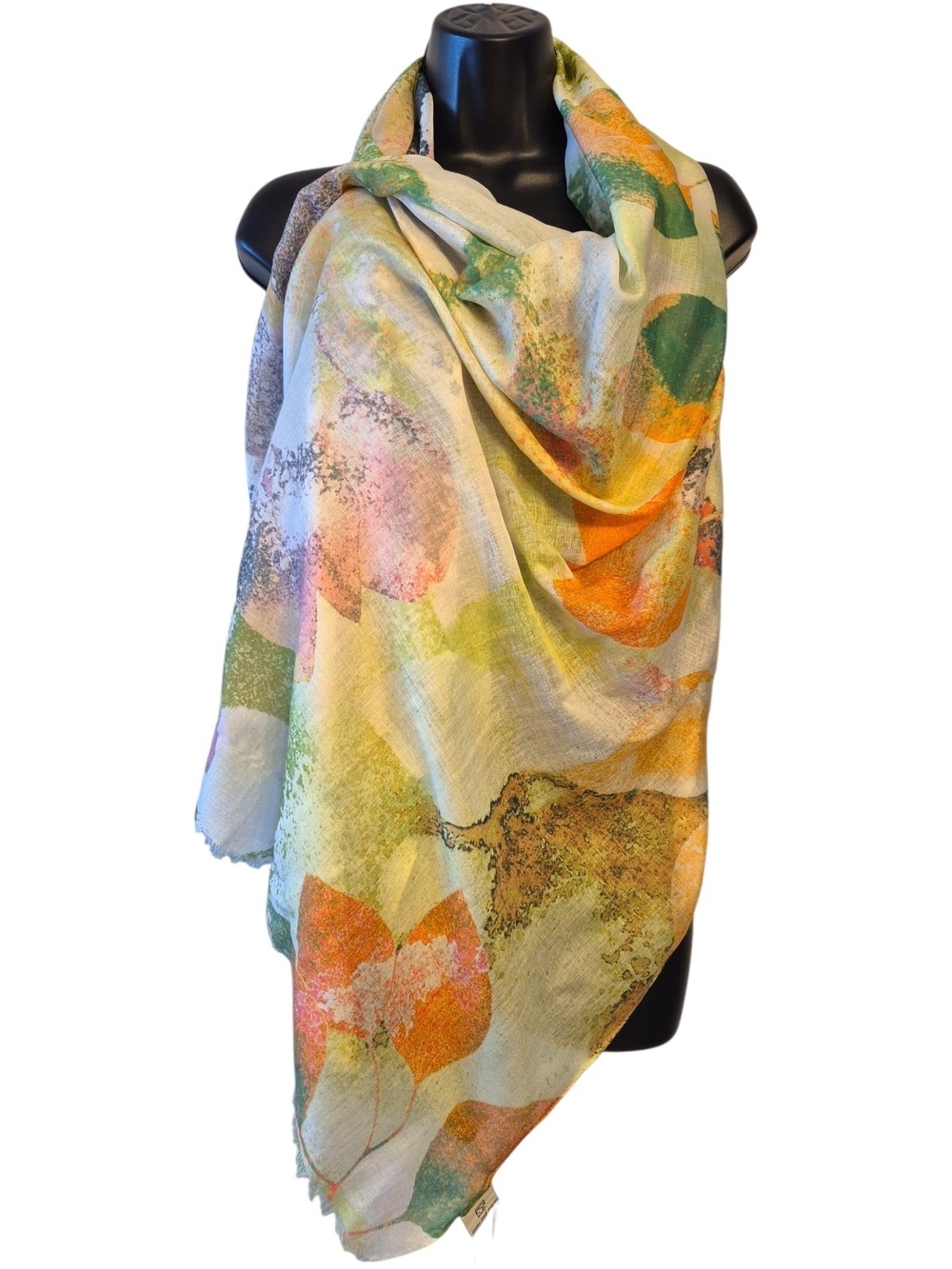 Watercolor Scarf in Yellow Green Orange Blue Pink, Leaves, Floral Print NWT